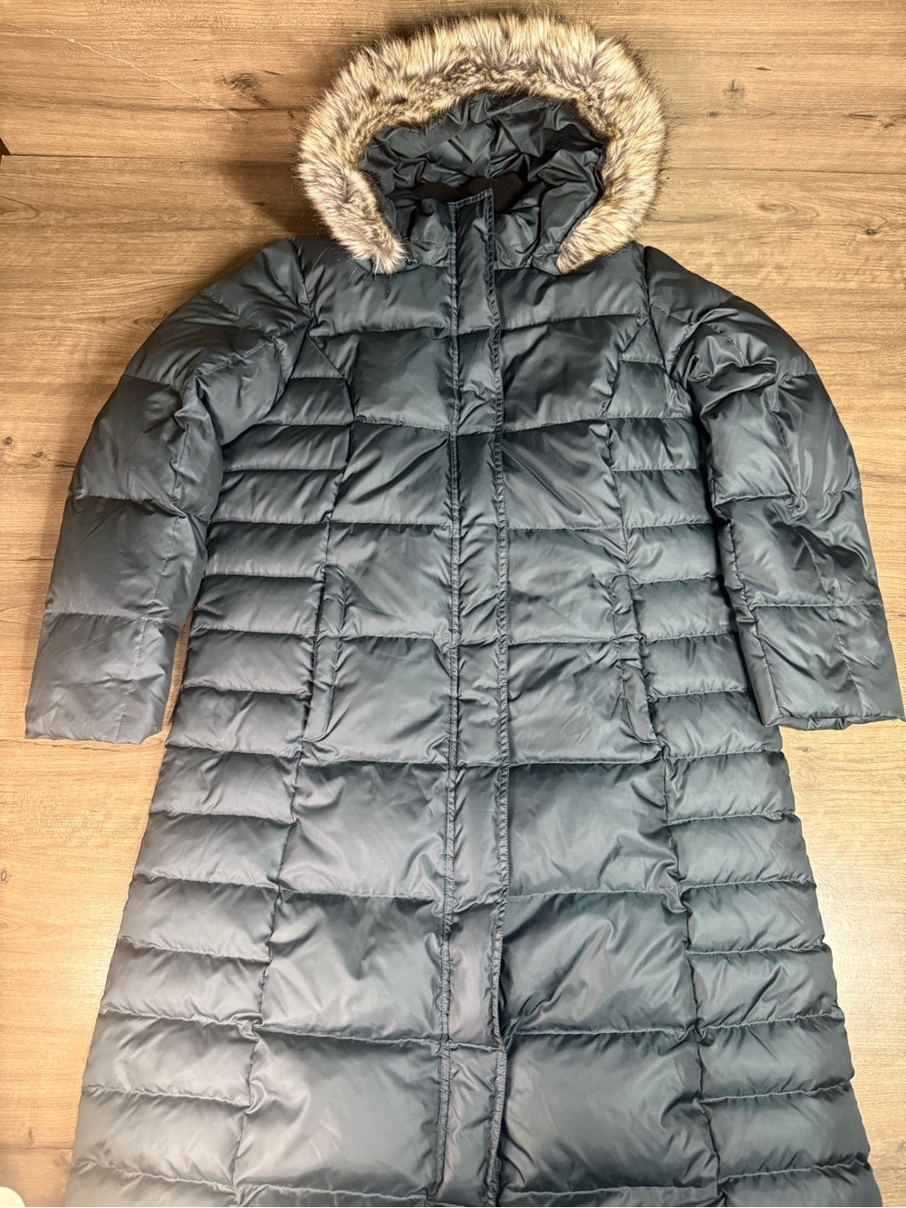 Eddie Bauer Down Puffer Coat Womens XL Black Long Maxi Faux Fur Hood 80% Down